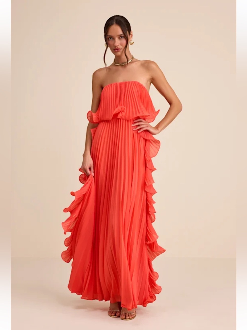 Andri Bright Orange Pleated Ruffled maxi dress